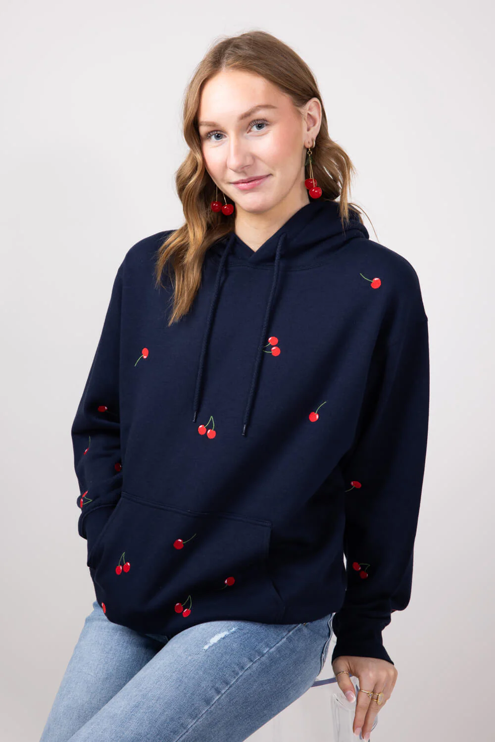 1897 Active Embroidered All Over Print Cherry Hoodie for Women in Navy | JT031-DEEPNAVY - Image 2