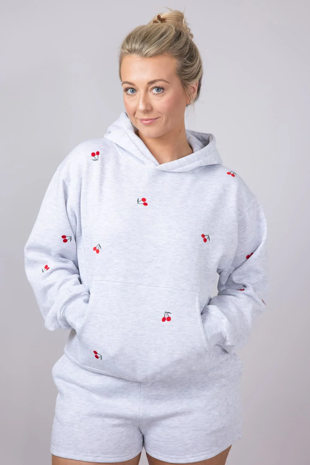 1897 Active Embroidered All Over Print Cherry Hoodie for Women in Grey | JU1933-ICEGREY - Image 4