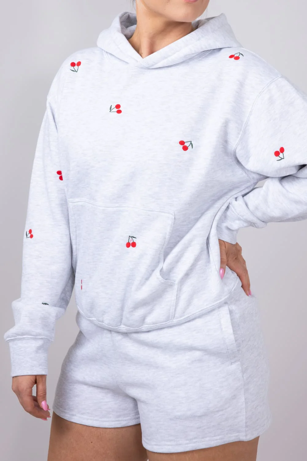 1897 Active Embroidered All Over Print Cherry Hoodie for Women in Grey | JU1933-ICEGREY - Image 5