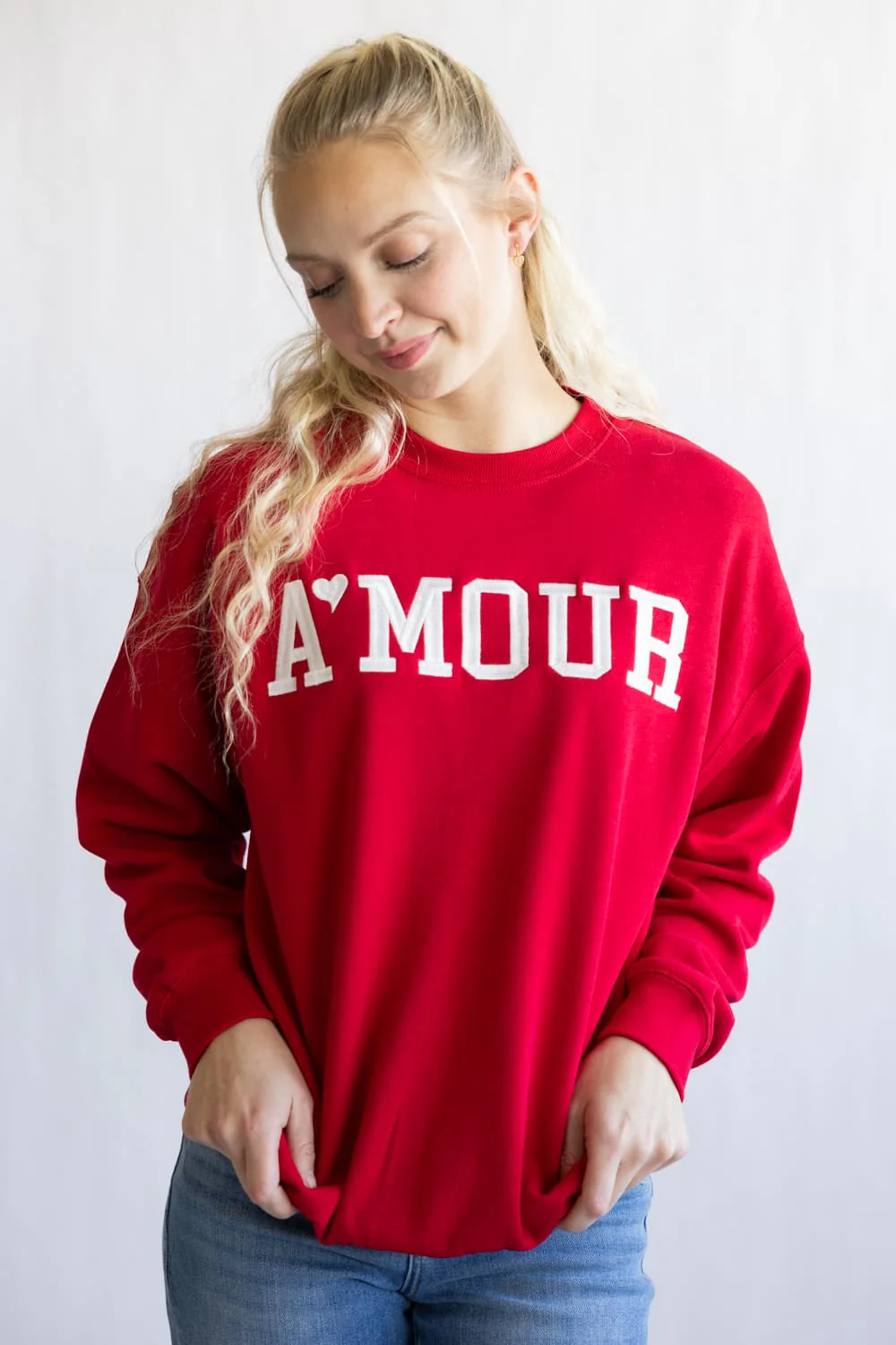 1897 Active Amour Embroidered Fleece Sweatshirt for Women in Red | GT718-RED - Image 5