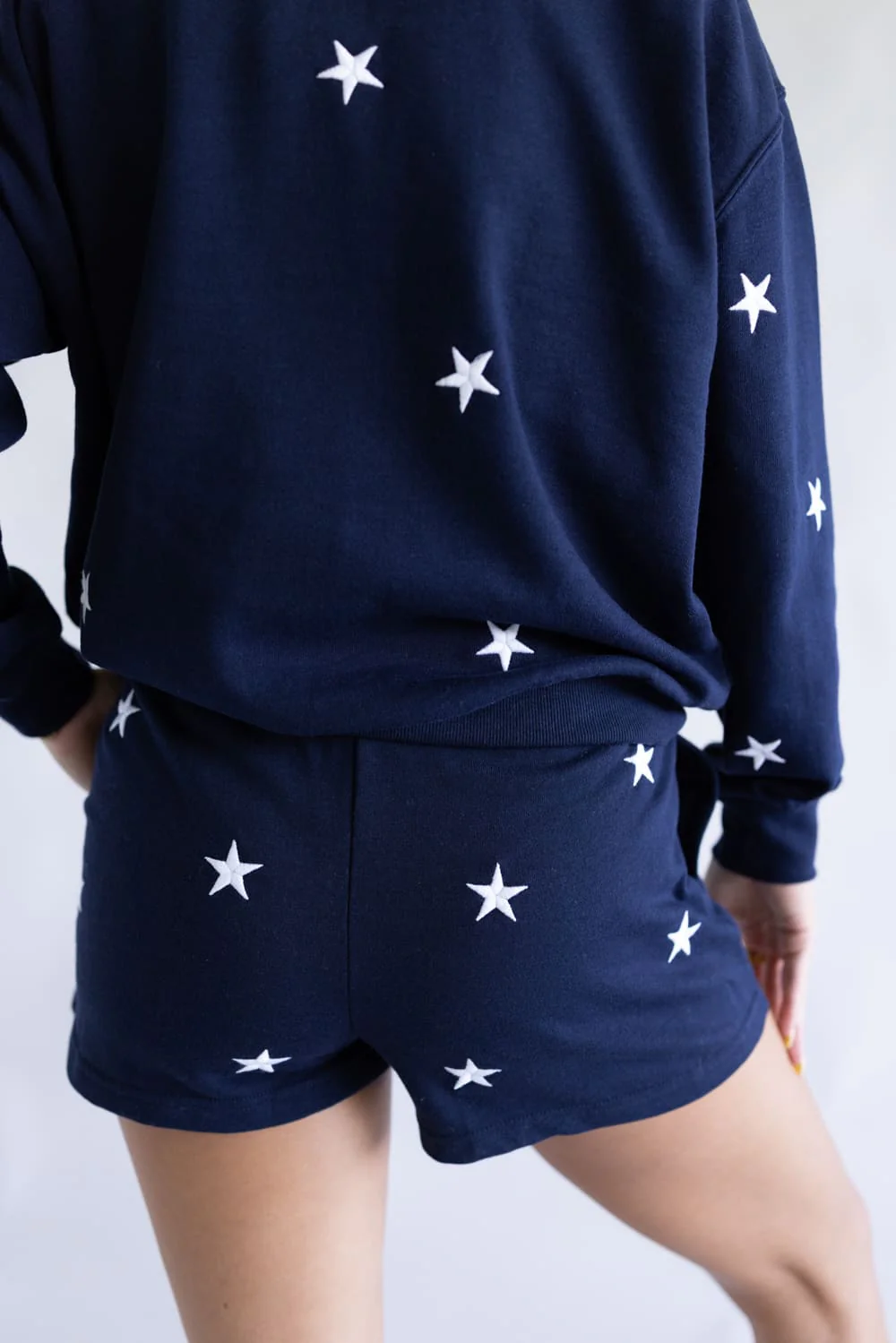 1897 Active Embroidered Star Fleece Shorts for Women in Navy Blue | H375-NAVY - Image 3