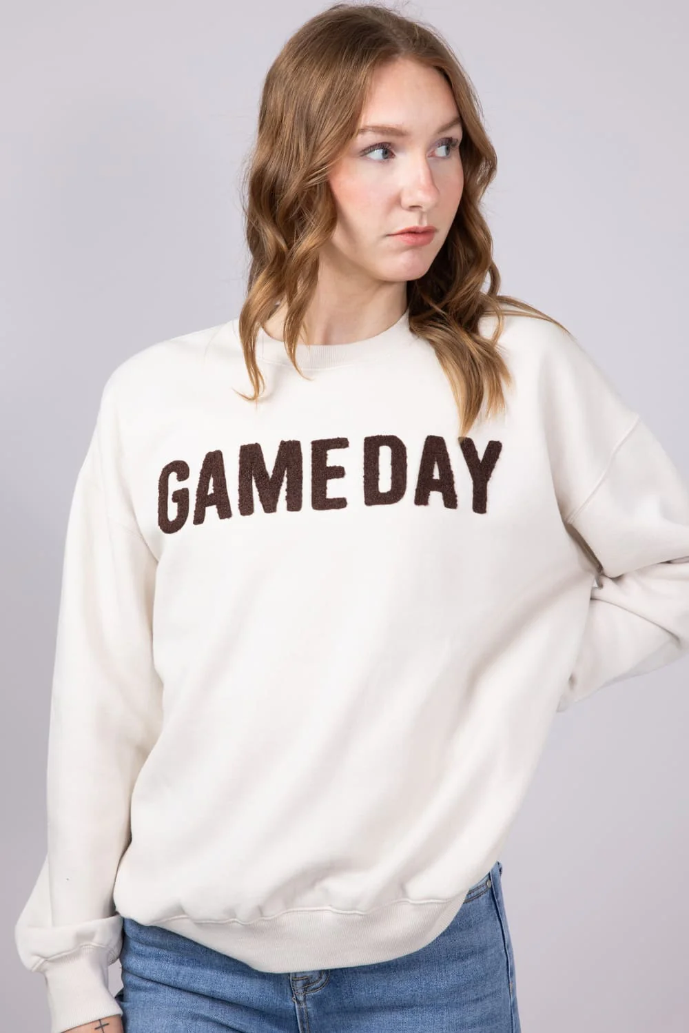 1897 Active Chenille Patch Game Day Sweatshirt for Women in Beige | GT809-BEIGE - Image 2