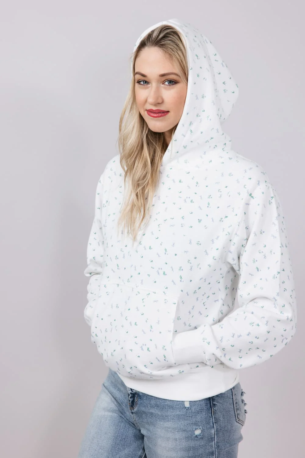 1897 Active All Over Floral & Bows Print Hoodie for Women in Ivory | GU736-IVORY - Image 4