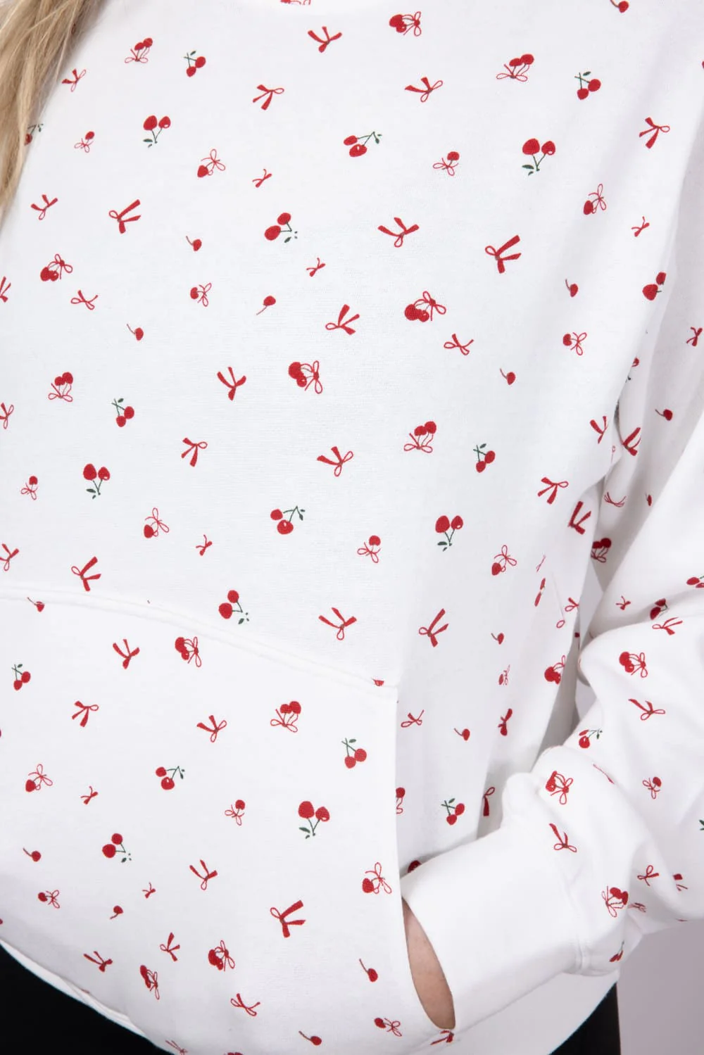 1897 Active All Over Print Cherry & Bows Hoodie for Women in Ivory | GU735-IVORY - Image 3
