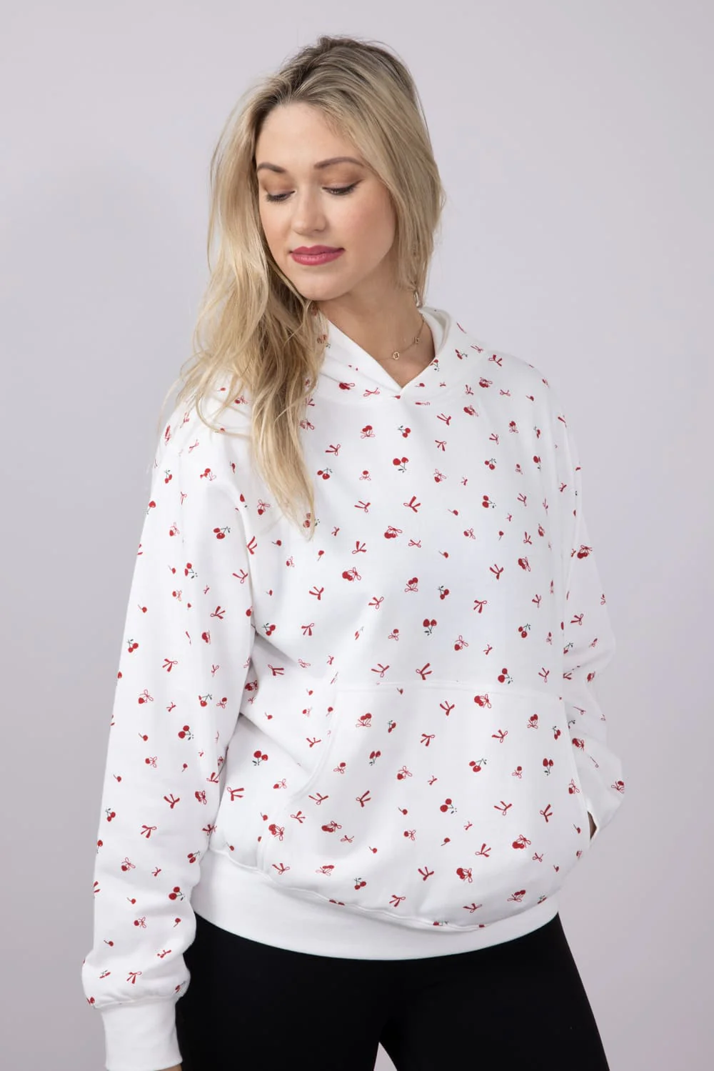 1897 Active All Over Print Cherry & Bows Hoodie for Women in Ivory | GU735-IVORY - Image 4