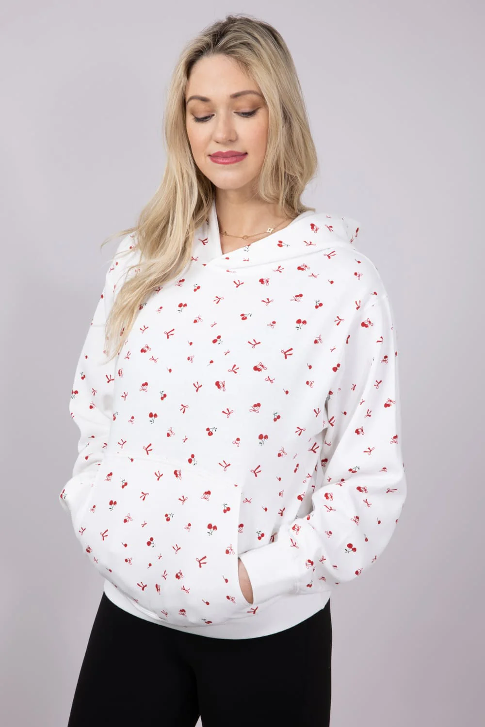 1897 Active All Over Print Cherry & Bows Hoodie for Women in Ivory | GU735-IVORY - Image 5