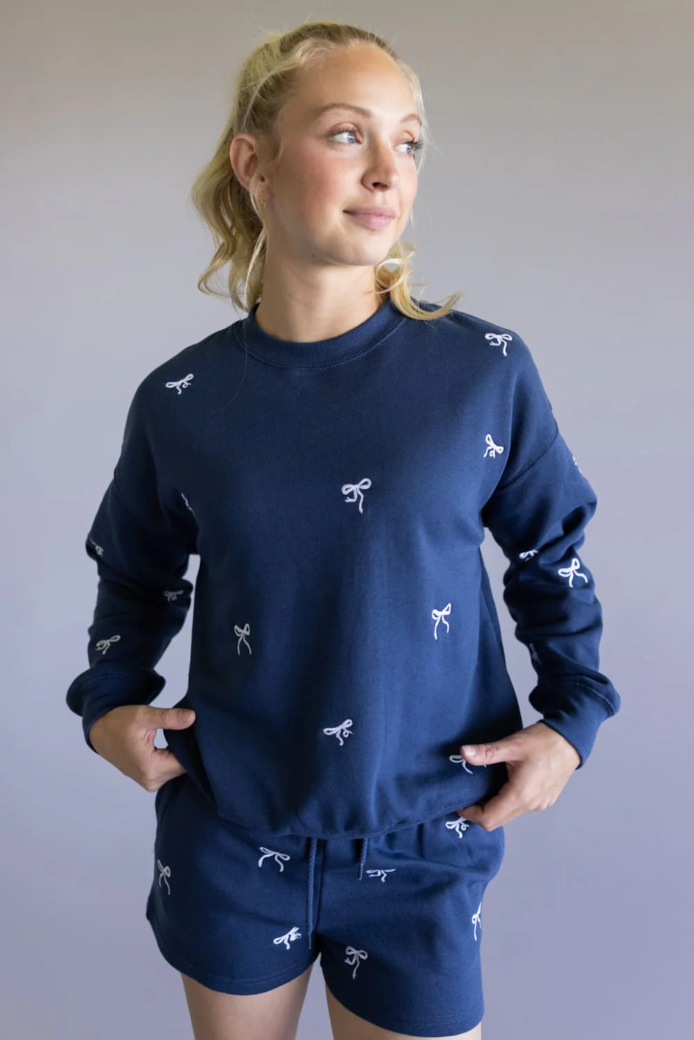 1897 Active Embroidered Bow Fleece Shorts for Women in Indigo Blue | H017-INDIGOBLUE - Image 3