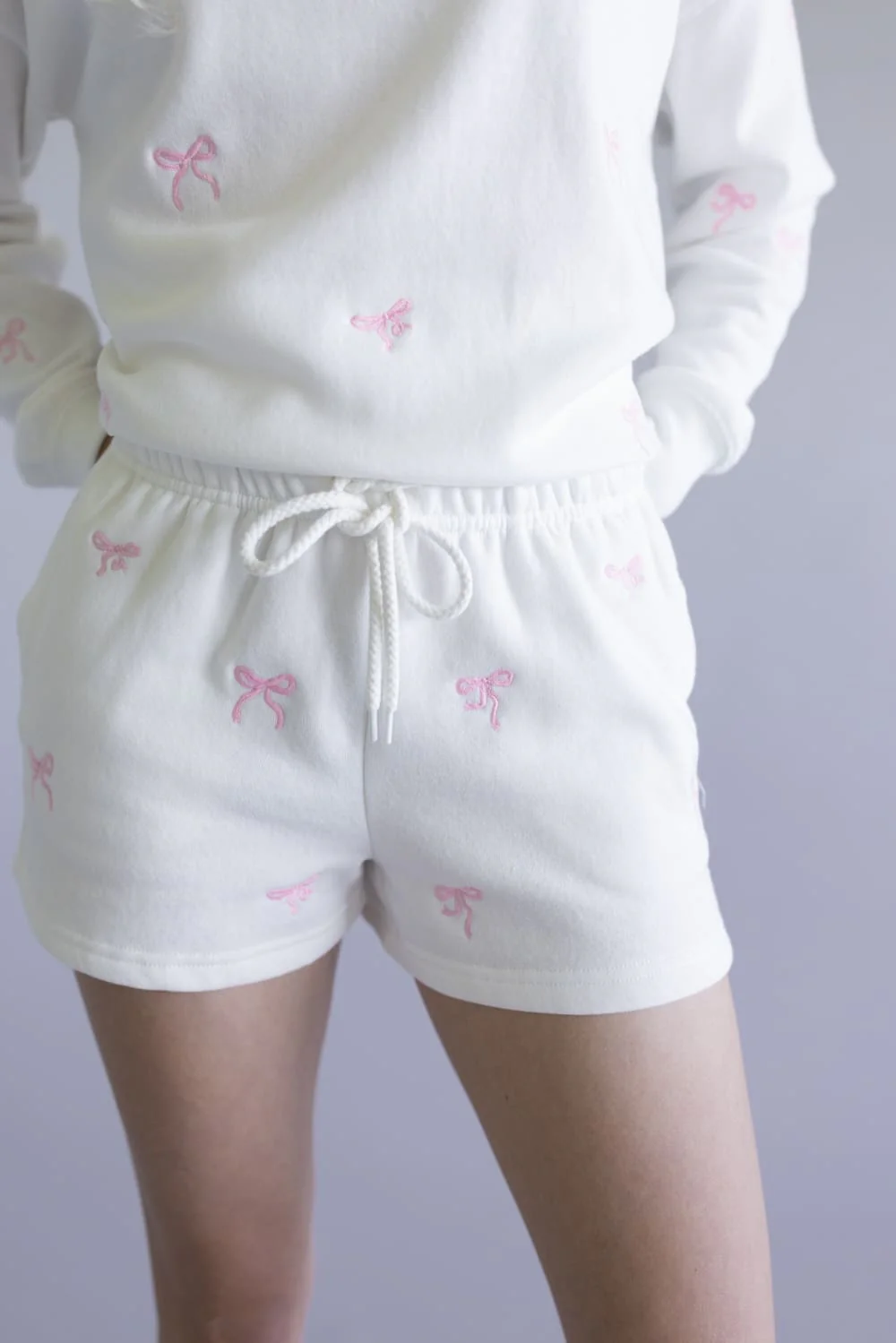 1897 Active Embroidered Bow Fleece Shorts for Women in Ivory | H017-IVORY - Image 3