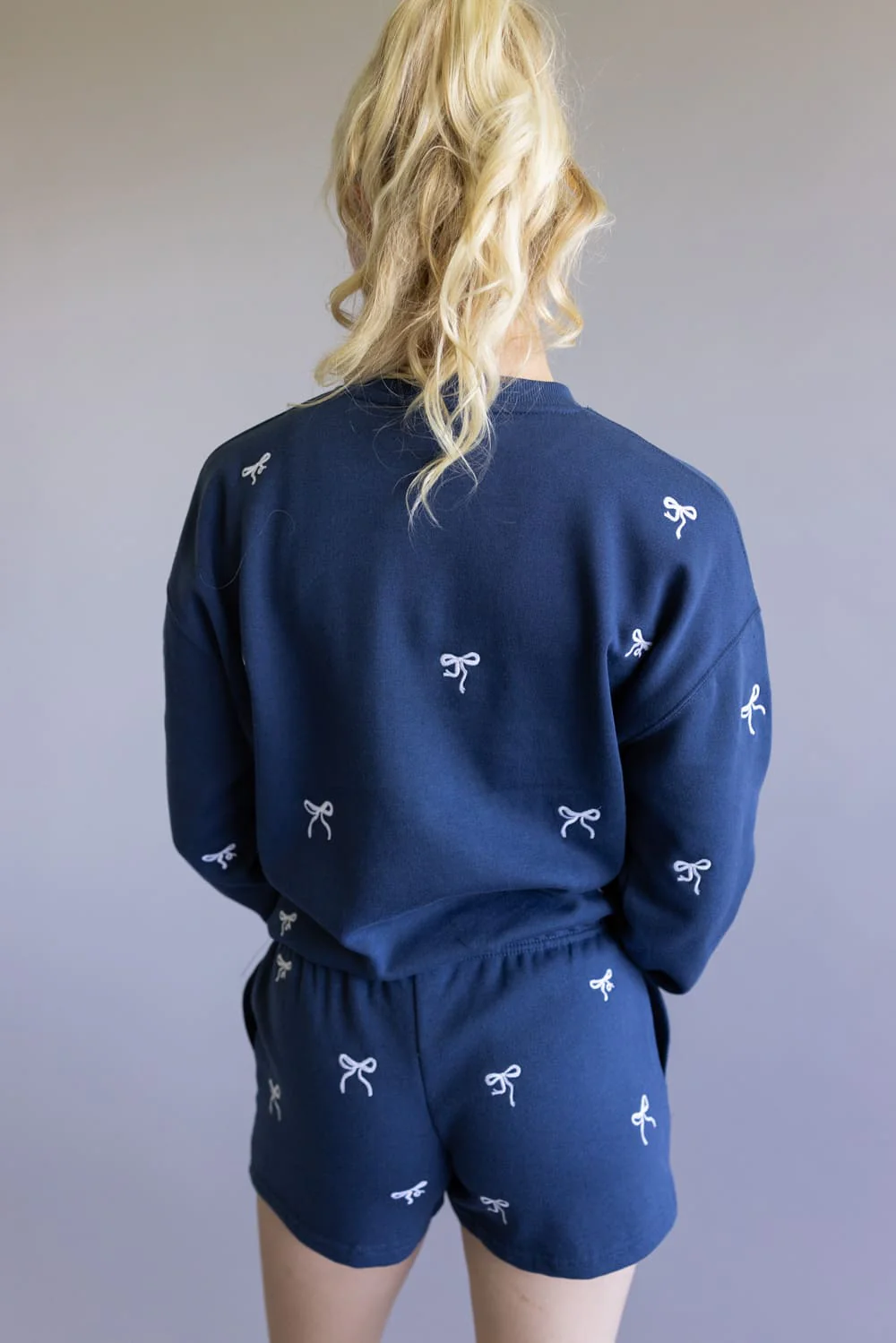 1897 Active Embroidered Bow Fleece Sweatshirt for Women in Indigo Blue | T1019-INDIGOBLUE - Image 2