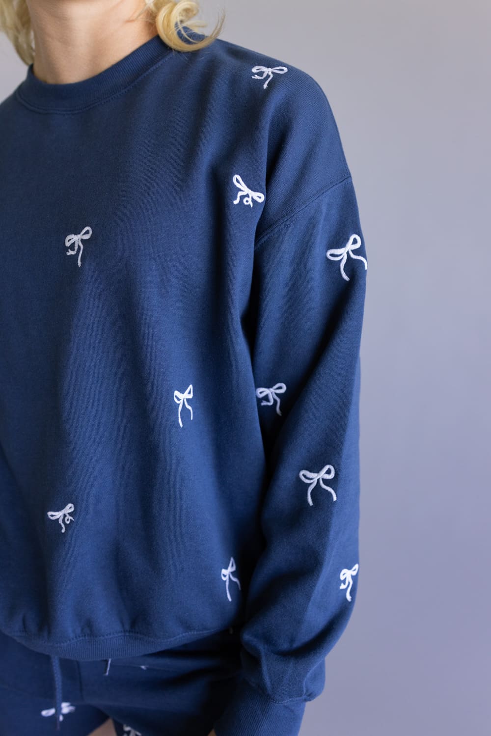 1897 Active Embroidered Bow Fleece Sweatshirt for Women in Indigo Blue | T1019-INDIGOBLUE - Image 3