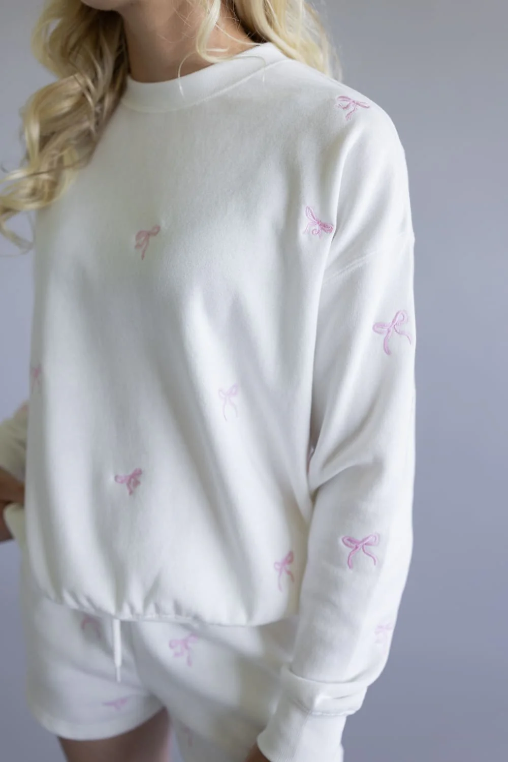 1897 Active Embroidered Bow Fleece Sweatshirt for Women in Ivory | T1019-IVORY - Image 3