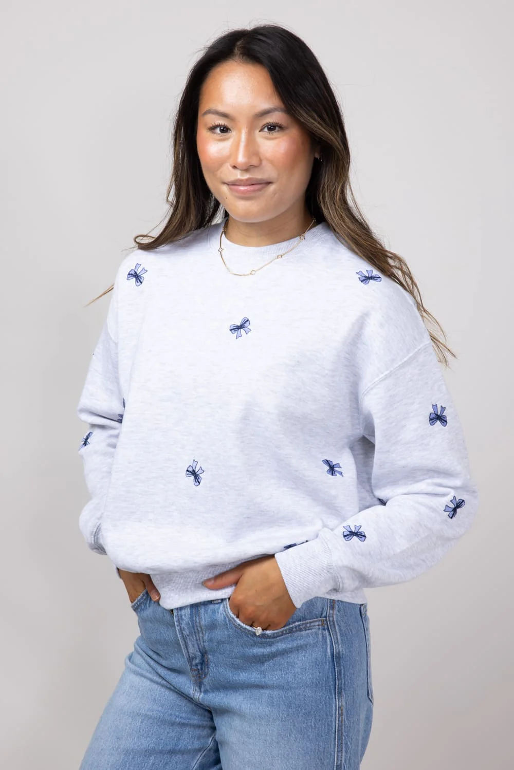 1897 Active Embroidered Bows Fleece Sweatshirt for Women in Ice Grey | T039-ICEGREY - Image 3