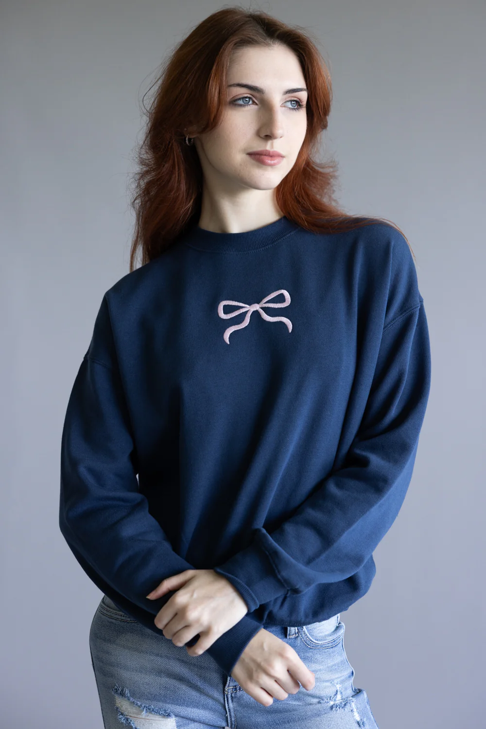 1897 Active Embroidered Center Bow Fleece Sweatshirt for Women in Indigo Blue | T1317-INDIGOBLUE - Image 4