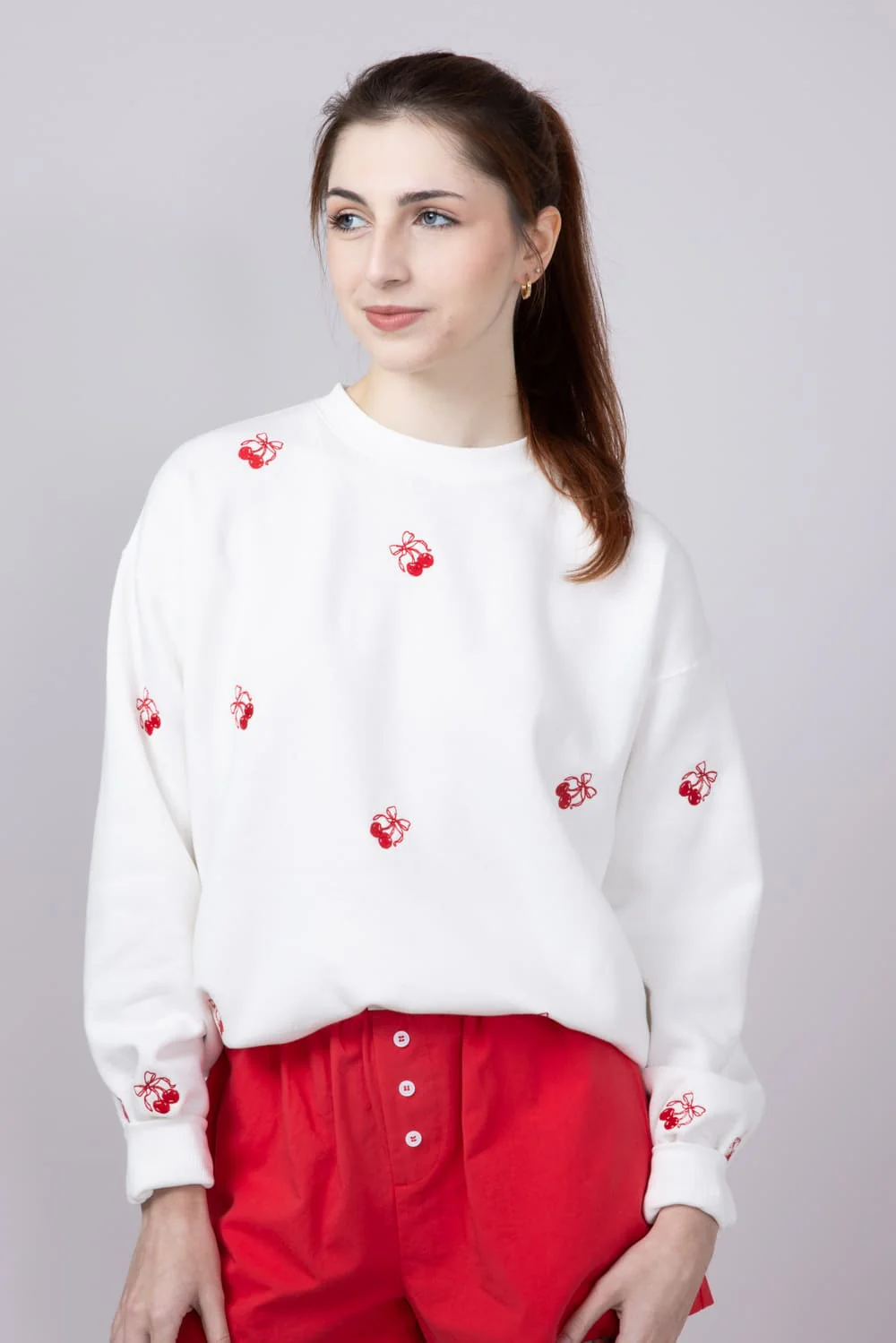 1897 Active Embroidered Cherries And Bows Fleece Sweatshirt for Women in Ivory | GT872-IVORY - Image 5