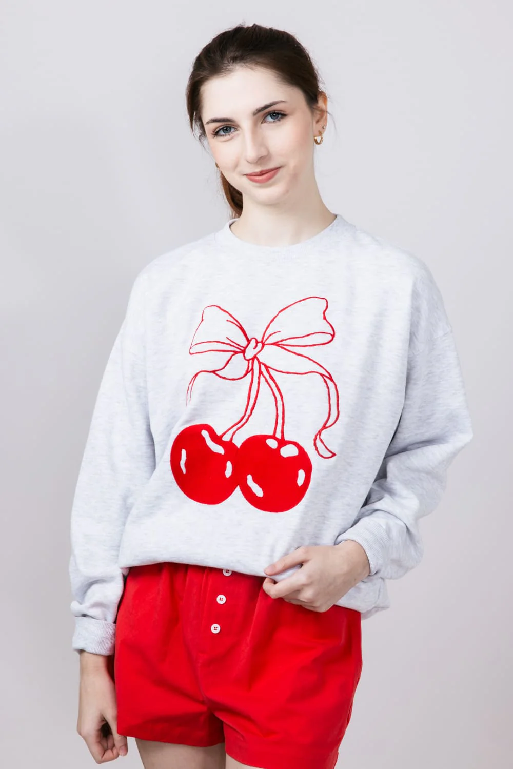 1897 Active Embroidered Cherry And Bow Fleece Sweatshirt for Women in Ice Grey | GT873-ICEGREY - Image 4