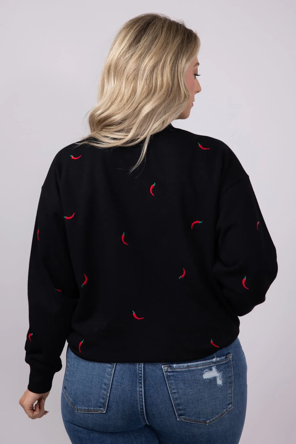 1897 Active Embroidered Chili Peppers Fleece Sweatshirt for Women in Black | GT719-BLACK - Image 3