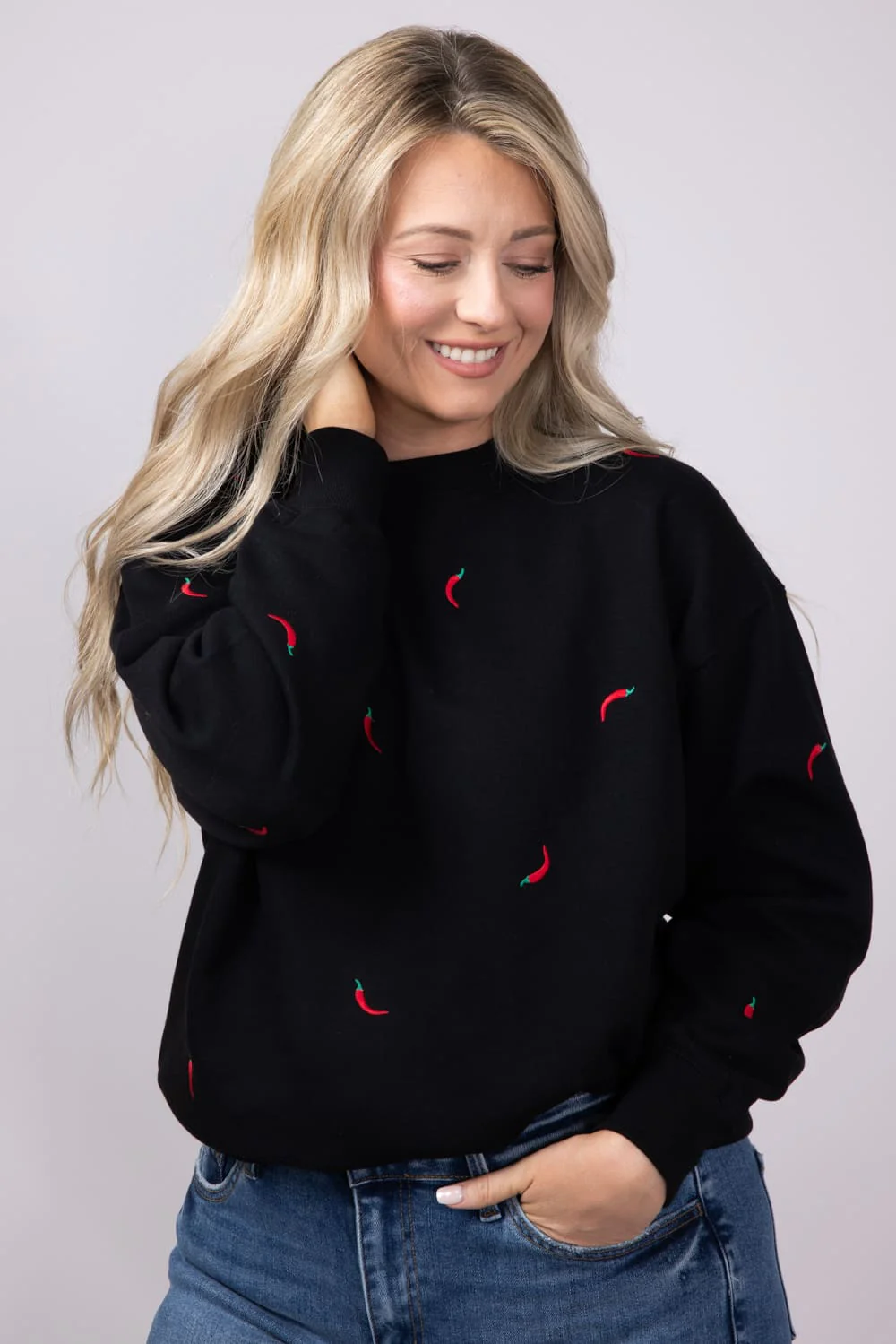1897 Active Embroidered Chili Peppers Fleece Sweatshirt for Women in Black | GT719-BLACK - Image 4