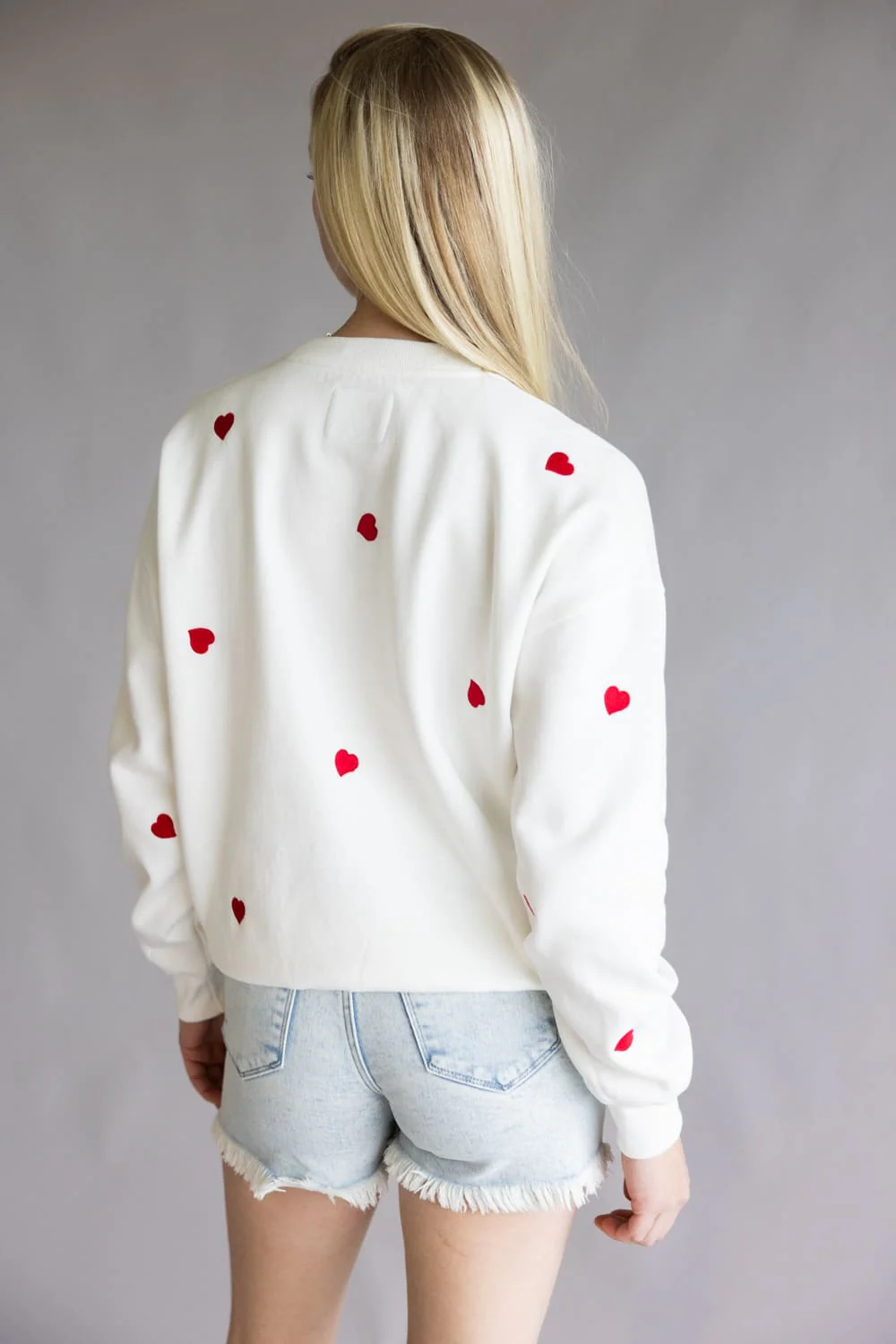 1897 Active Embroidered Hearts Fleece Sweatshirt for Women in Ivory/Red | T979-IVORYRED - Image 3