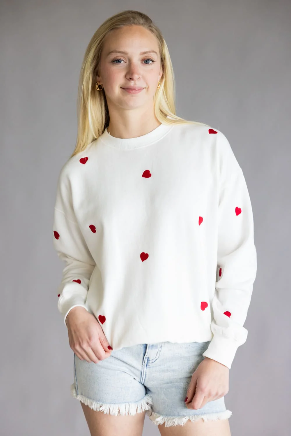 1897 Active Embroidered Hearts Fleece Sweatshirt for Women in Ivory/Red | T979-IVORYRED - Image 4