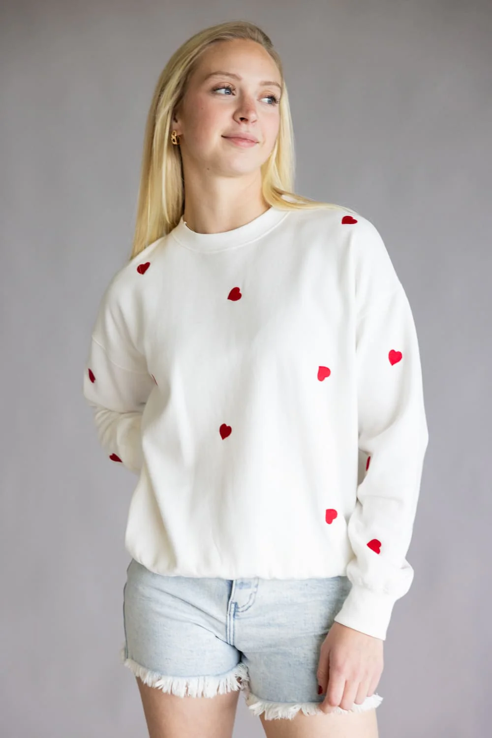 1897 Active Embroidered Hearts Fleece Sweatshirt for Women in Ivory/Red | T979-IVORYRED - Image 5