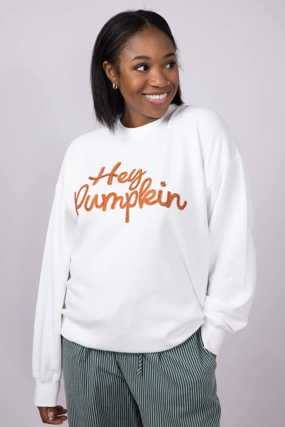 1897 Active Embroidered Hey Pumpkin Sweatshirt for Women in Ivory | GT758-IVORY - Image 2