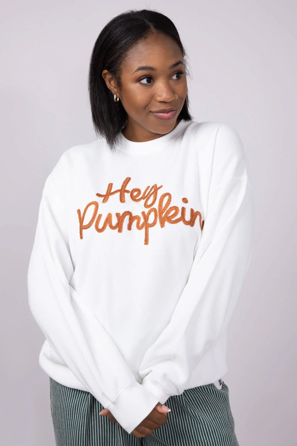1897 Active Embroidered Hey Pumpkin Sweatshirt for Women in Ivory | GT758-IVORY - Image 5