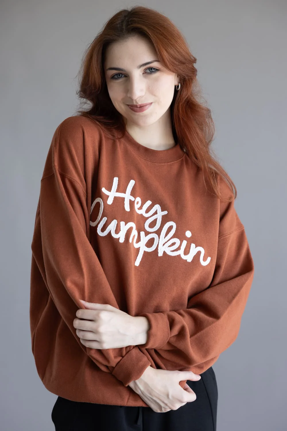1897 Active Embroidered Hey Pumpkin Sweatshirt for Women in Rust | GT758-RUST - Image 2