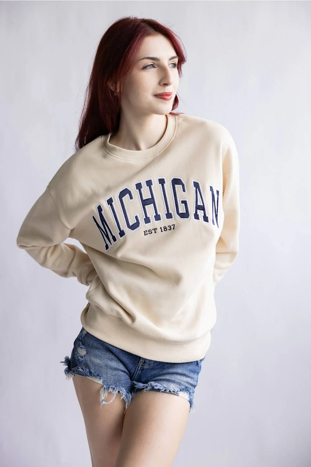1897 Active Embroidered Michigan Fleece Sweatshirt for Women in Cream | GT079-MI-CREAM - Image 2