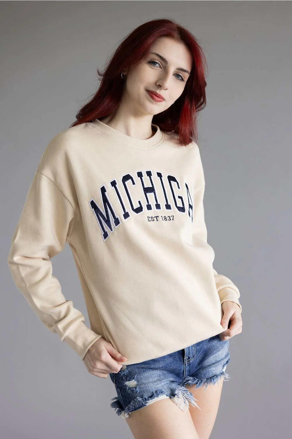 1897 Active Embroidered Michigan Fleece Sweatshirt for Women in Cream | GT079-MI-CREAM - Image 4