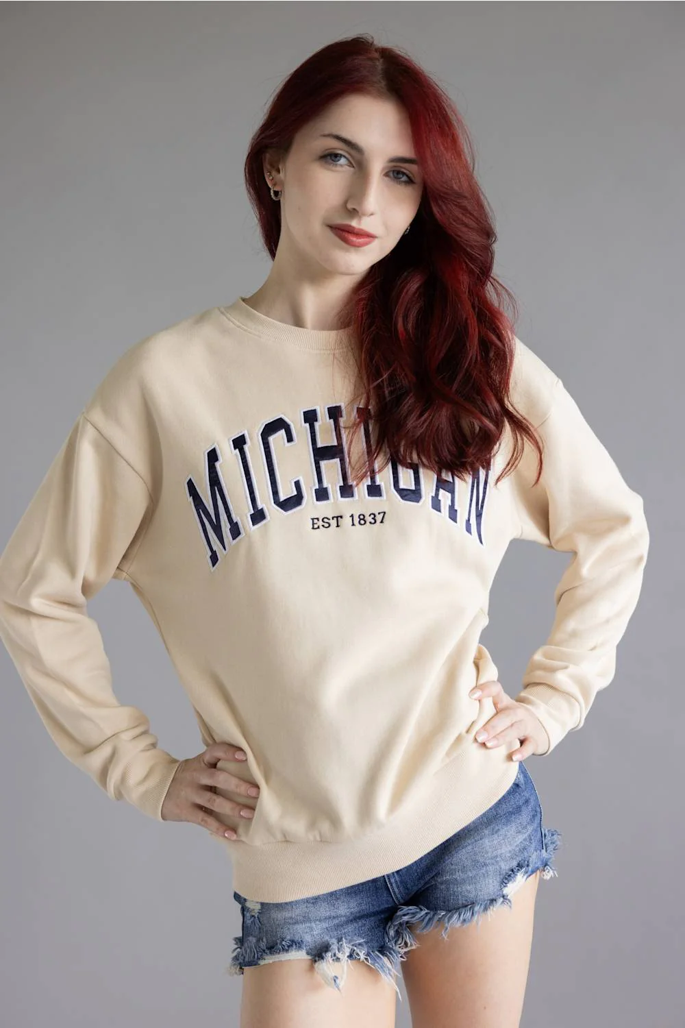 1897 Active Embroidered Michigan Fleece Sweatshirt for Women in Cream | GT079-MI-CREAM - Image 5
