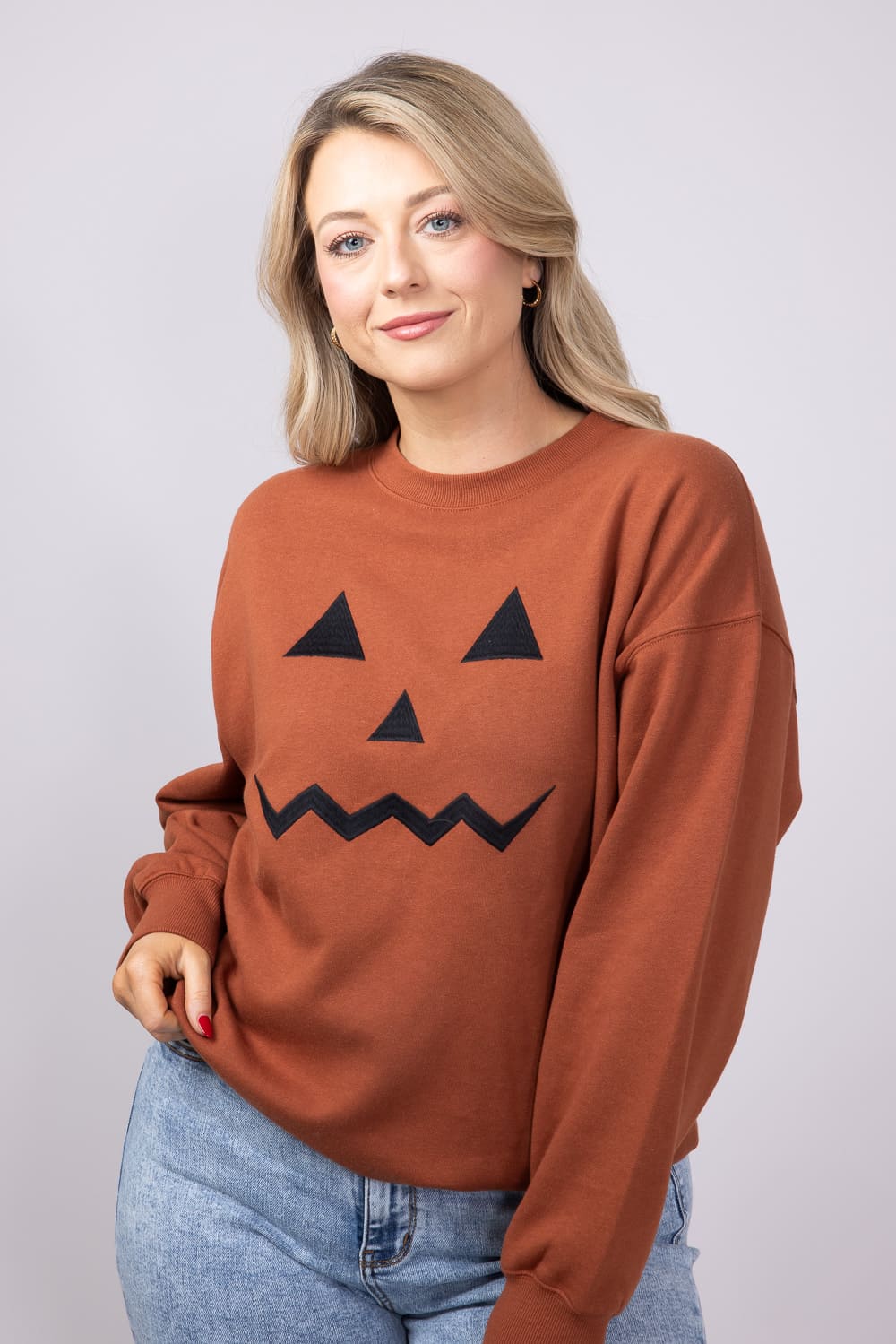 1897 Active Embroidered Pumpkin Face Sweatshirt for Women in Rust | GT892-RUST - Image 2