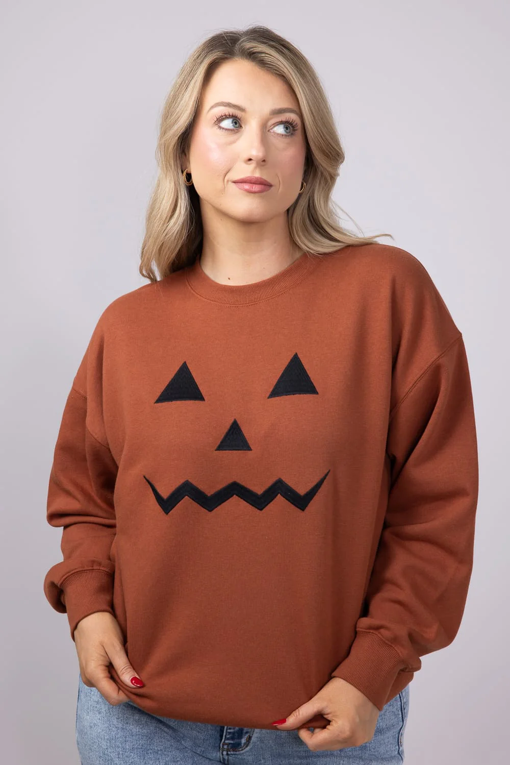 1897 Active Embroidered Pumpkin Face Sweatshirt for Women in Rust | GT892-RUST - Image 5