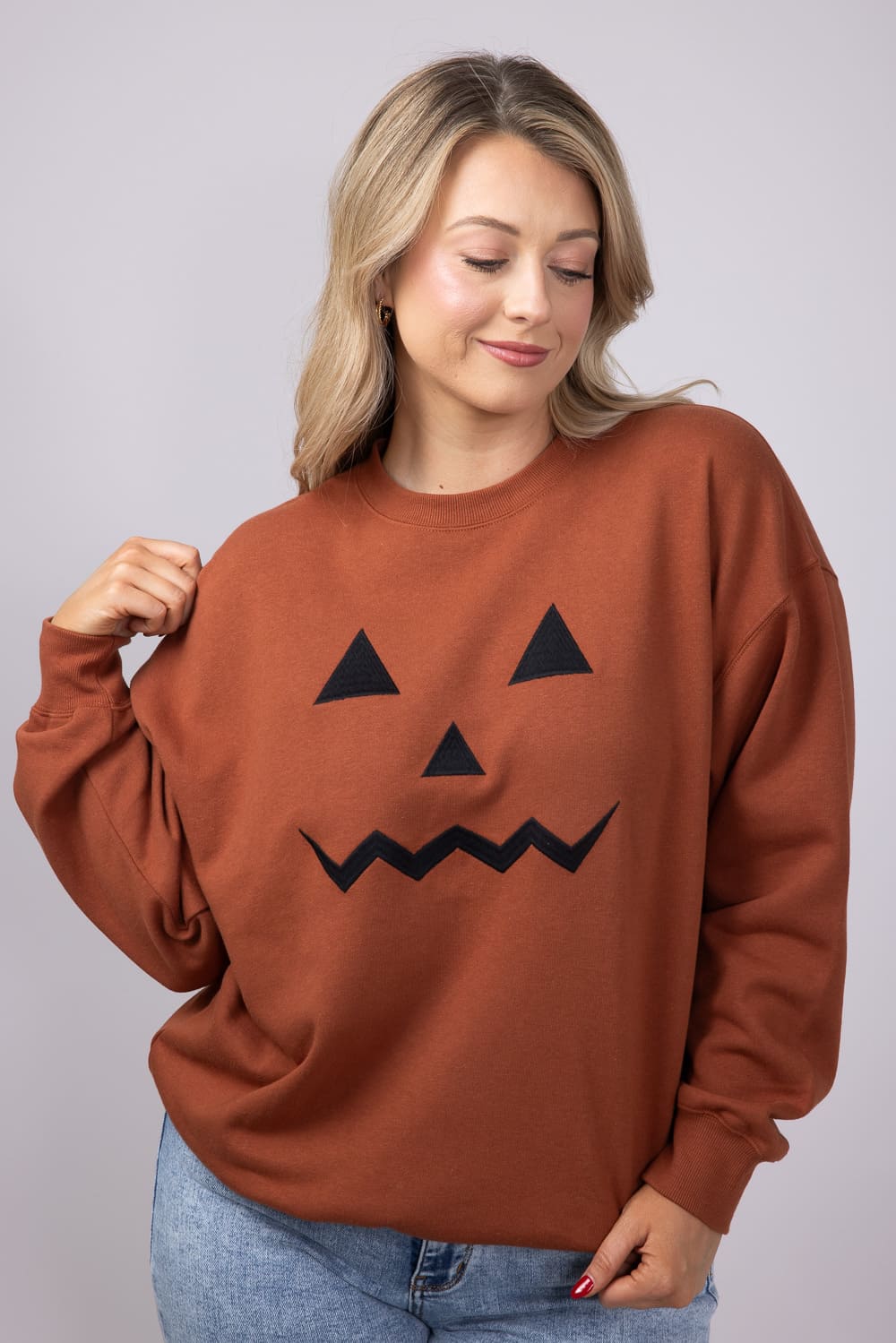 1897 Active Embroidered Pumpkin Face Sweatshirt for Women in Rust | GT892-RUST - Image 6