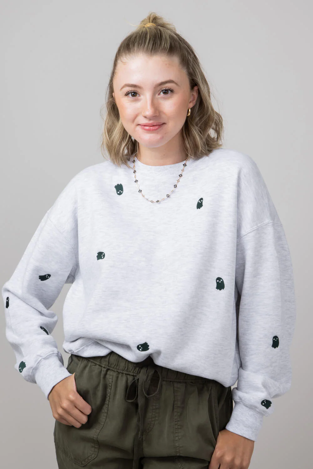 1897 Active Ghost Embroidered Sweatshirt for Women in Ice Grey | T836-ICEGREY - Image 2