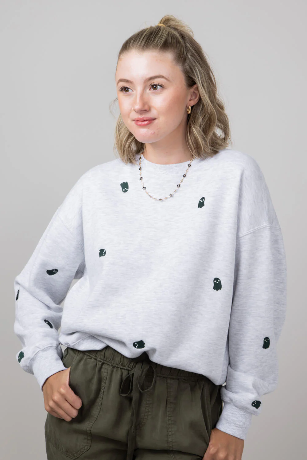 1897 Active Ghost Embroidered Sweatshirt for Women in Ice Grey | T836-ICEGREY - Image 5
