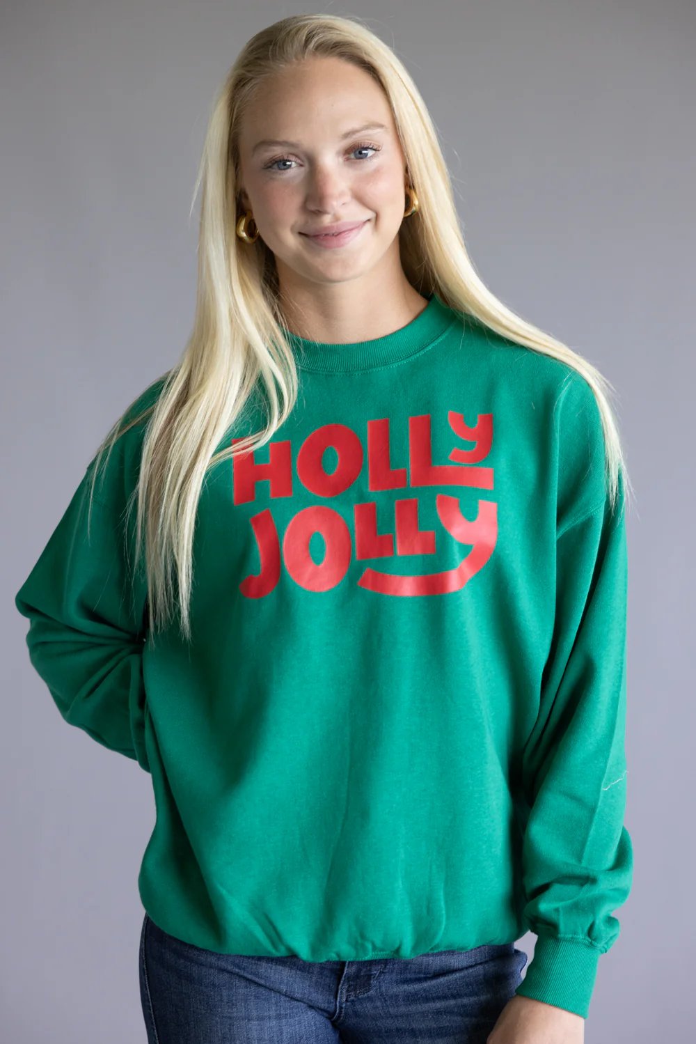 1897 Active Holly Jolly Print Fleece Sweatshirt for Women in Kelly Green | GT708-HOLLYJOLLY-KELLYGREEN - Image 3