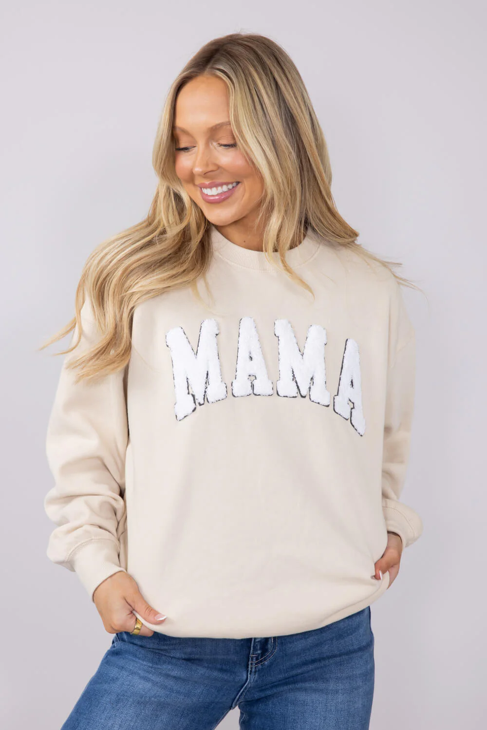 1897 Active Mama Chenille Patch Sweatshirt for Women in Cream | GT088-CREAM - Image 3