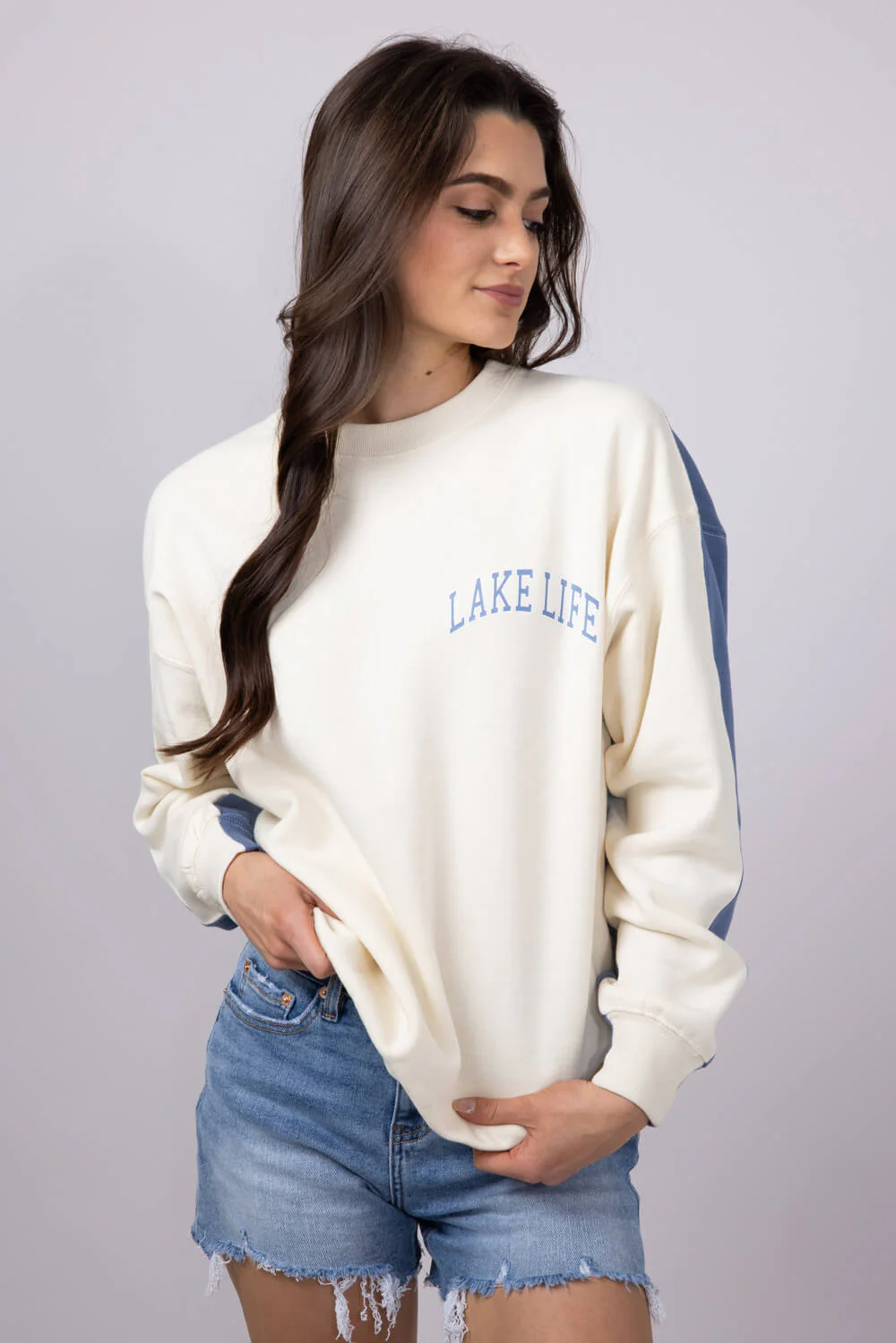 1897 Active Michigan Lake Life Sweatshirt for Women in Cream/Blue | GT878-CREAM/BLUE - Image 2