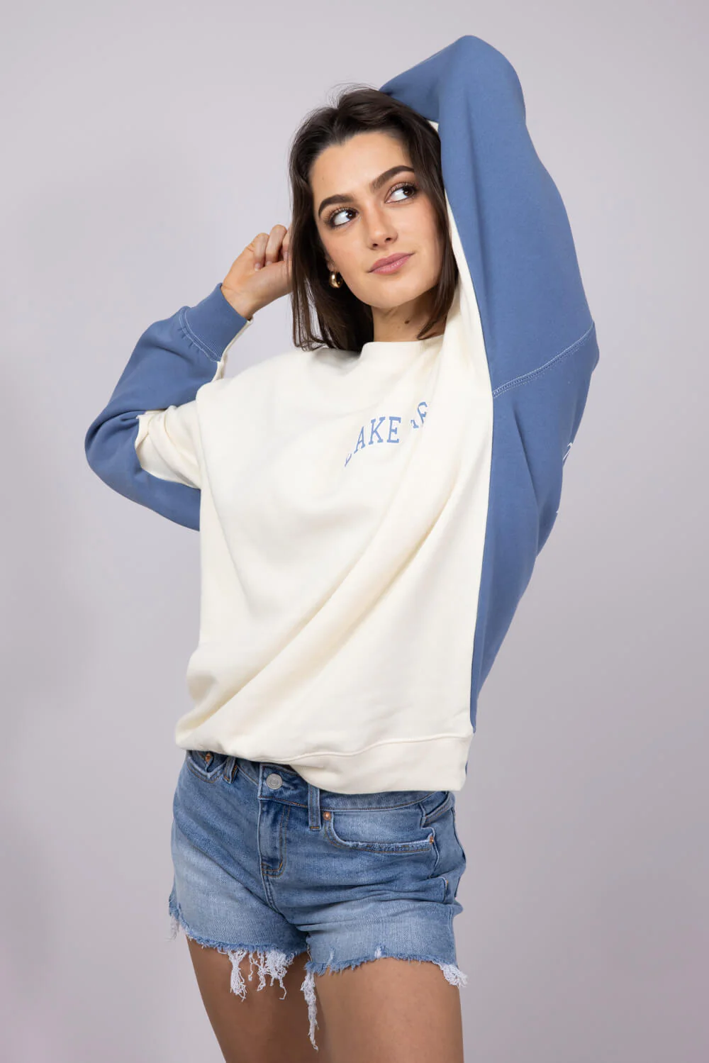 1897 Active Michigan Lake Life Sweatshirt for Women in Cream/Blue | GT878-CREAM/BLUE - Image 4