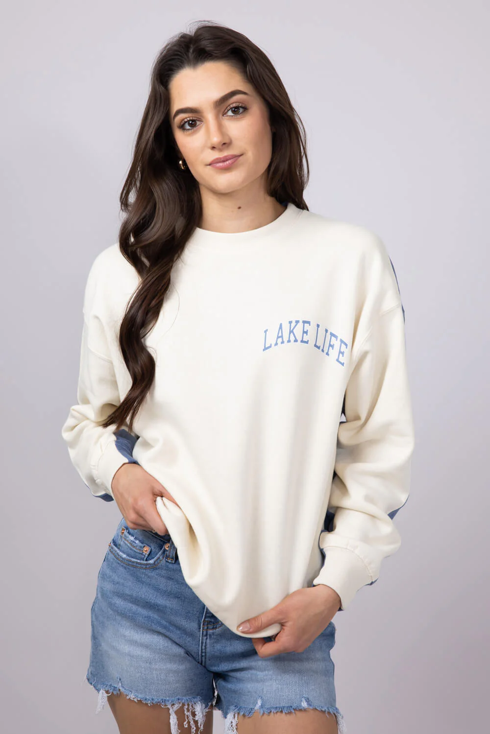 1897 Active Michigan Lake Life Sweatshirt for Women in Cream/Blue | GT878-CREAM/BLUE - Image 6