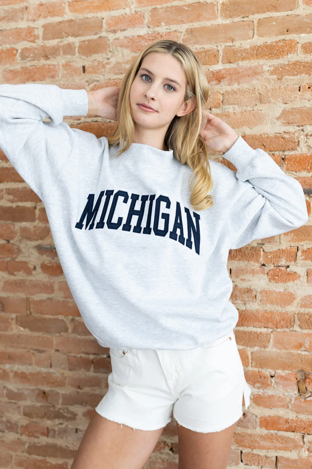 1897 Active Michigan Patch Embroidered Mock Neck Pullover for Women in Ice Grey/Navy | GT098-MI-ICEGREY - Image 2