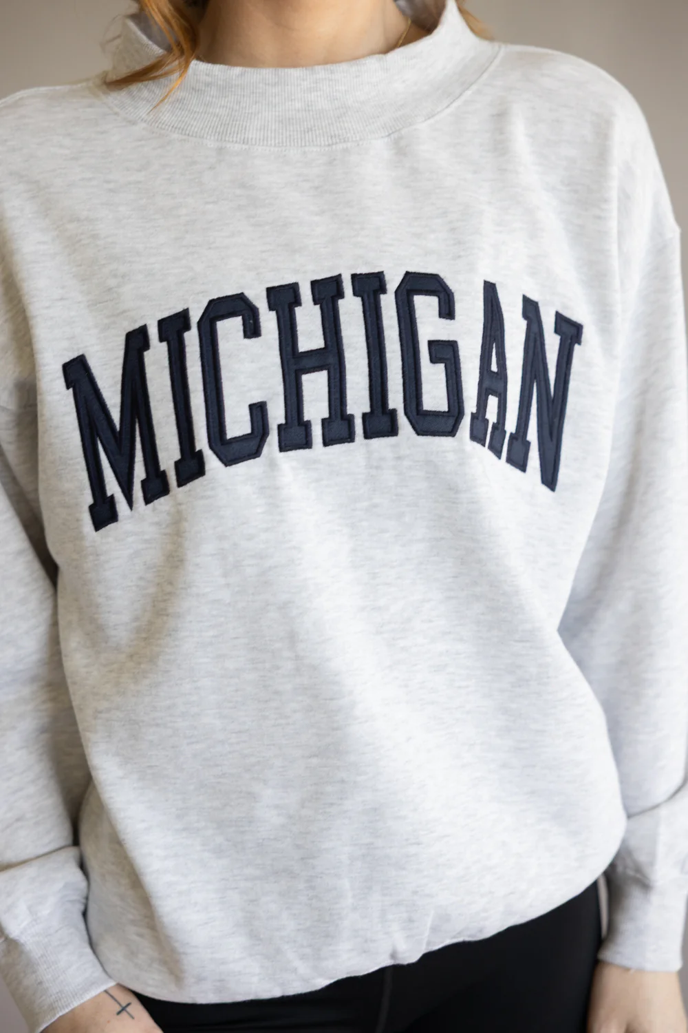 1897 Active Michigan Patch Embroidered Mock Neck Pullover for Women in Ice Grey/Navy | GT098-MI-ICEGREY - Image 4