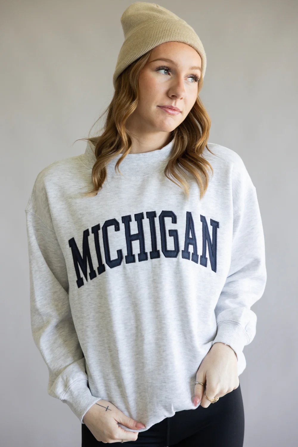 1897 Active Michigan Patch Embroidered Mock Neck Pullover for Women in Ice Grey/Navy | GT098-MI-ICEGREY - Image 5