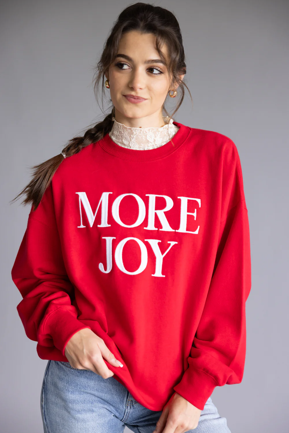 1897 Active More Joy Embroidered Fleece Sweatshirt for Women in Red | GT402-RED - Image 3