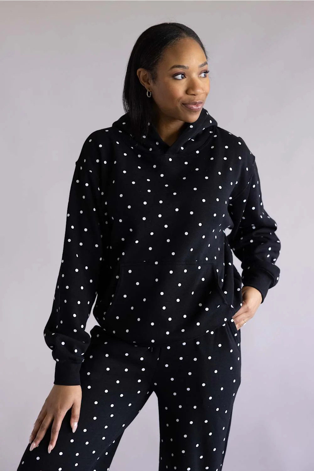 1897 Active Polka Dot Fleece Hoodie for Women in Black/White | GU935-BLACK - Image 3