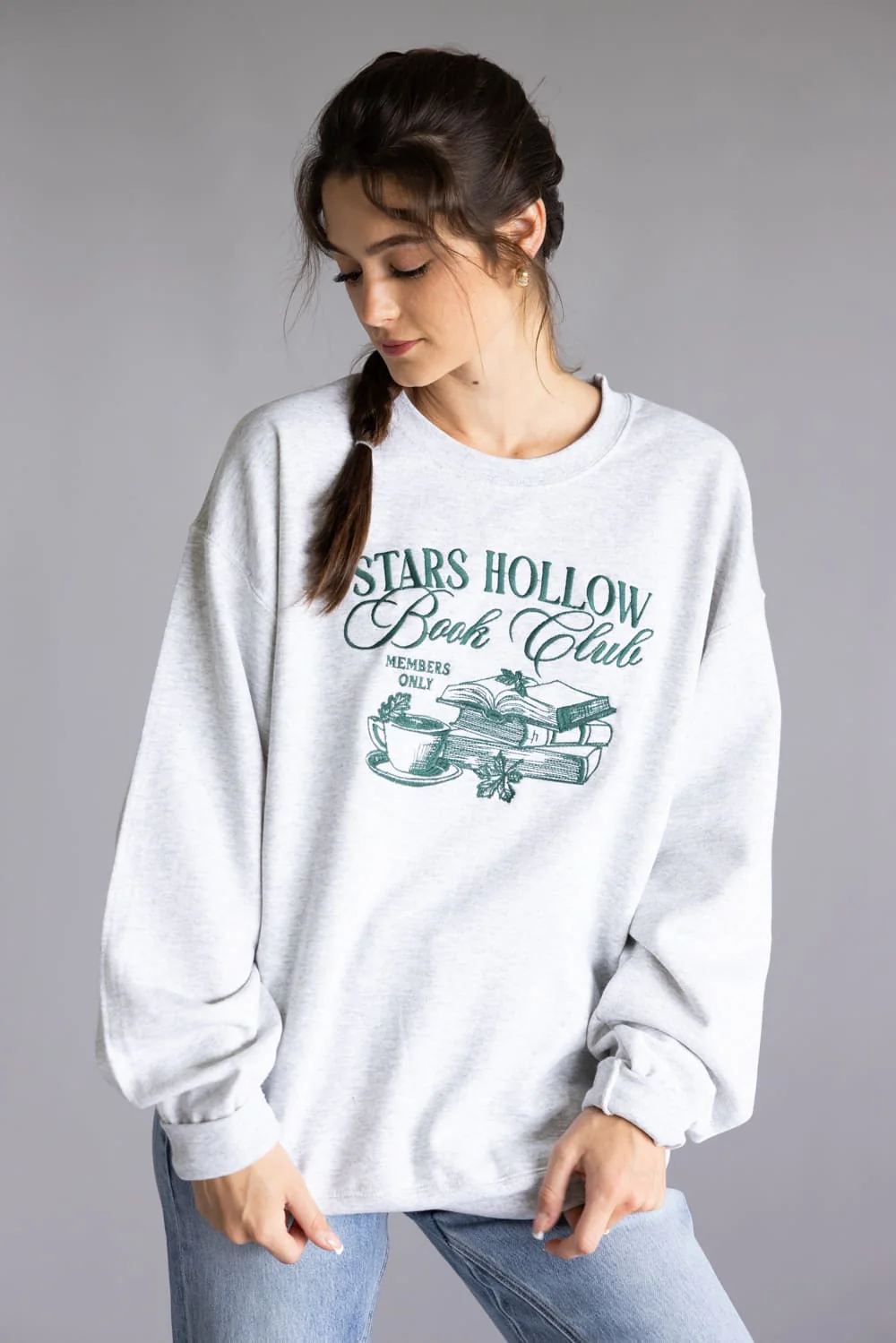 Stars Hollow Book Club Embroidered Sweatshirt for Women in Grey | H7281TK-ASHGREY - Image 4