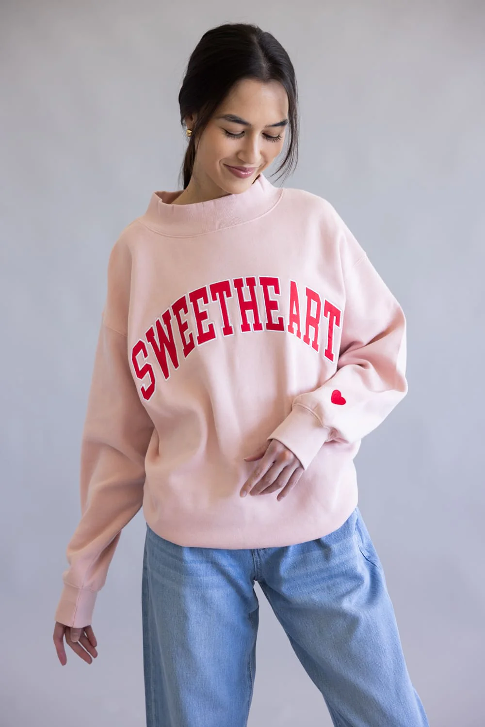 1897 Active Sweetheart Patch Embroidered Mock Neck Sweatshirt for Women in Pink/Red | GT301-PINK - Image 3