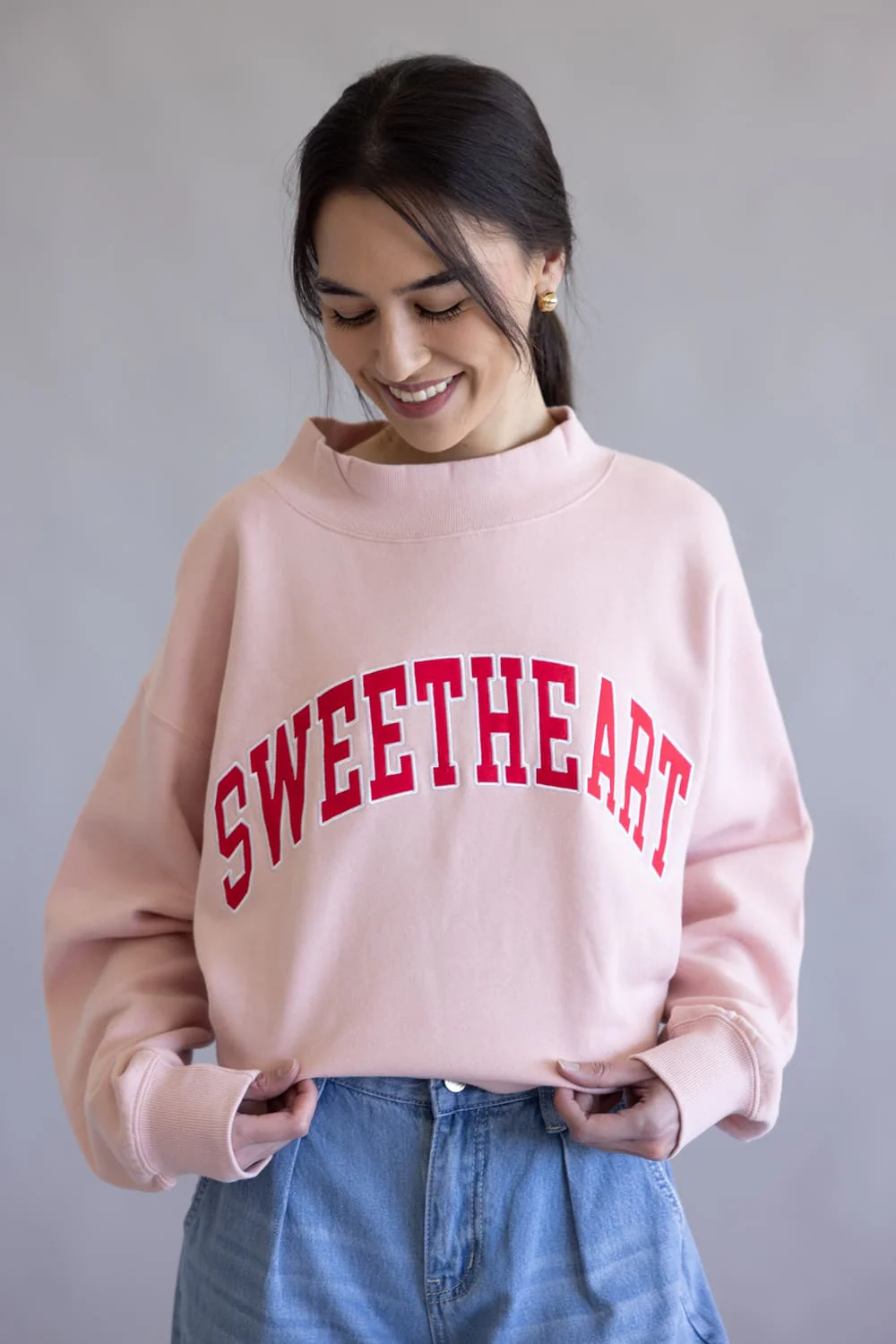 1897 Active Sweetheart Patch Embroidered Mock Neck Sweatshirt for Women in Pink/Red | GT301-PINK - Image 5