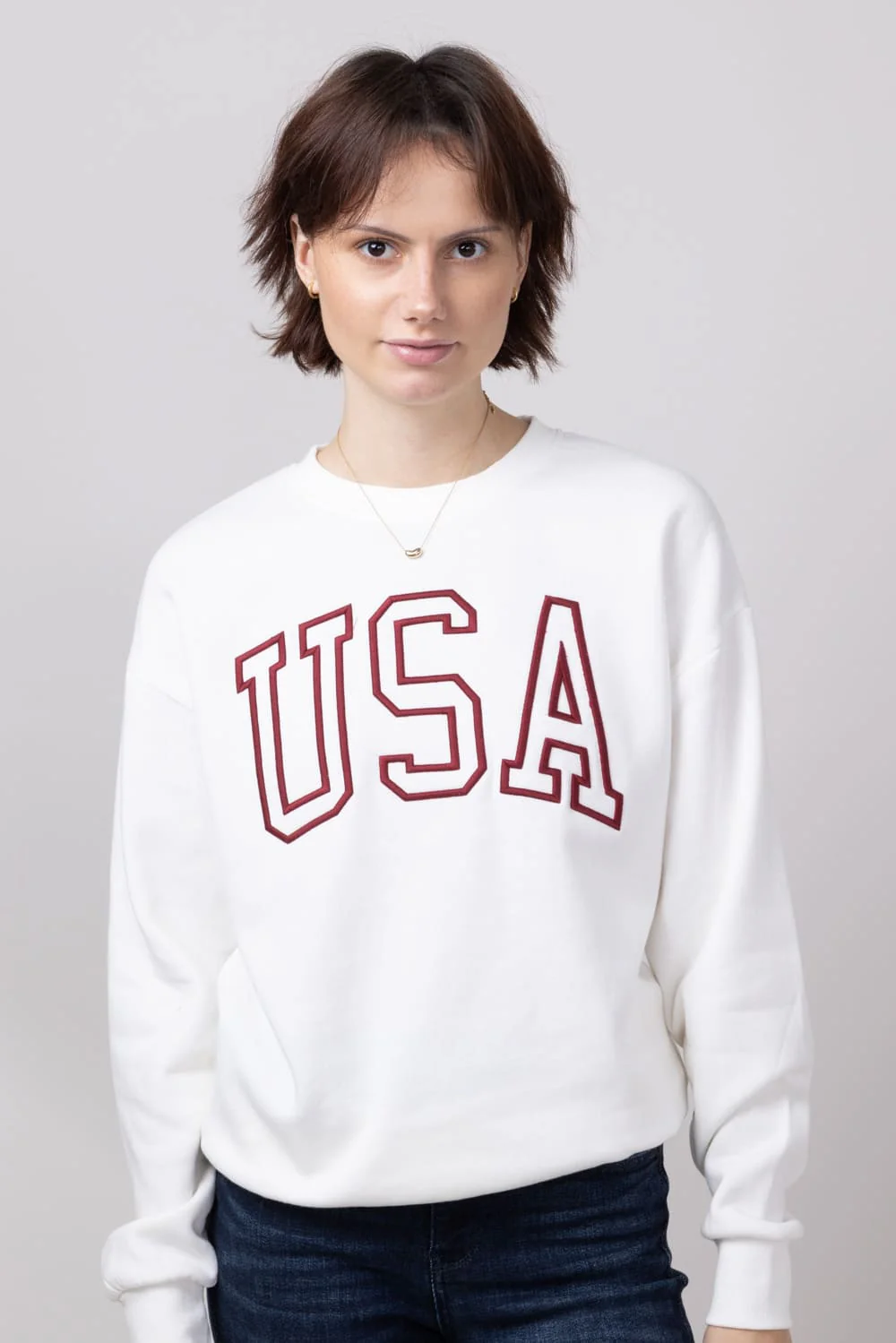 1897 Active Embroidered USA Fleece Sweatshirt for Women in Ivory | GT810-USA-IVORY - Image 2
