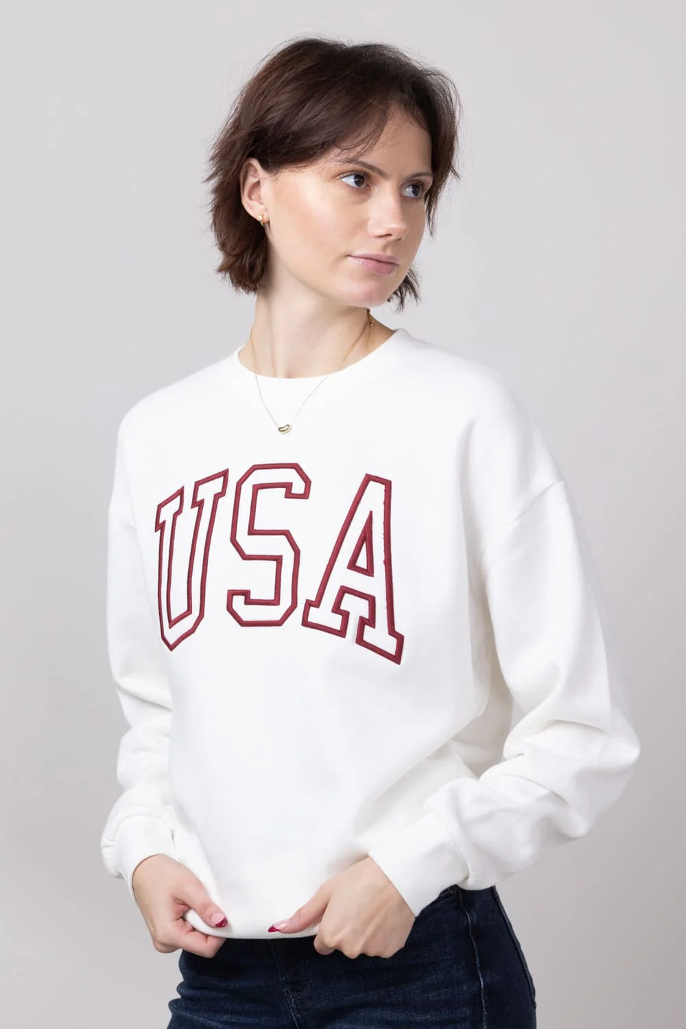1897 Active Embroidered USA Fleece Sweatshirt for Women in Ivory | GT810-USA-IVORY - Image 4